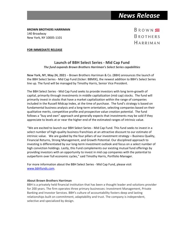 BBH Select Series - Mid Cap Fund Launch Press Release